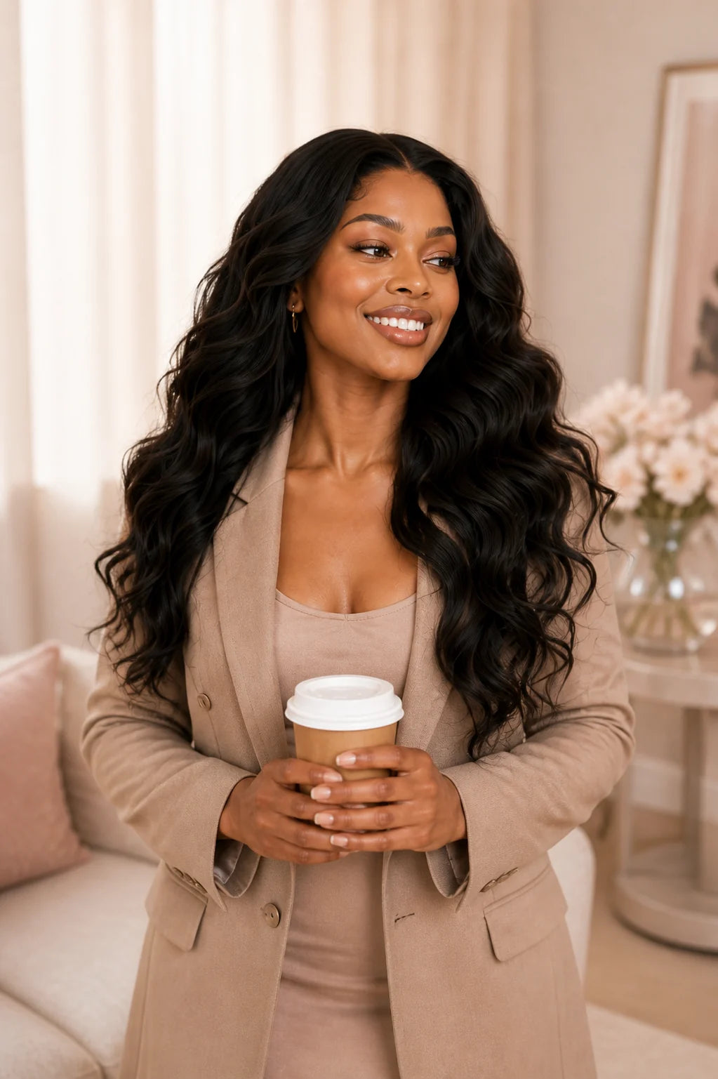 Woman wearing a long black body wave glueless wig